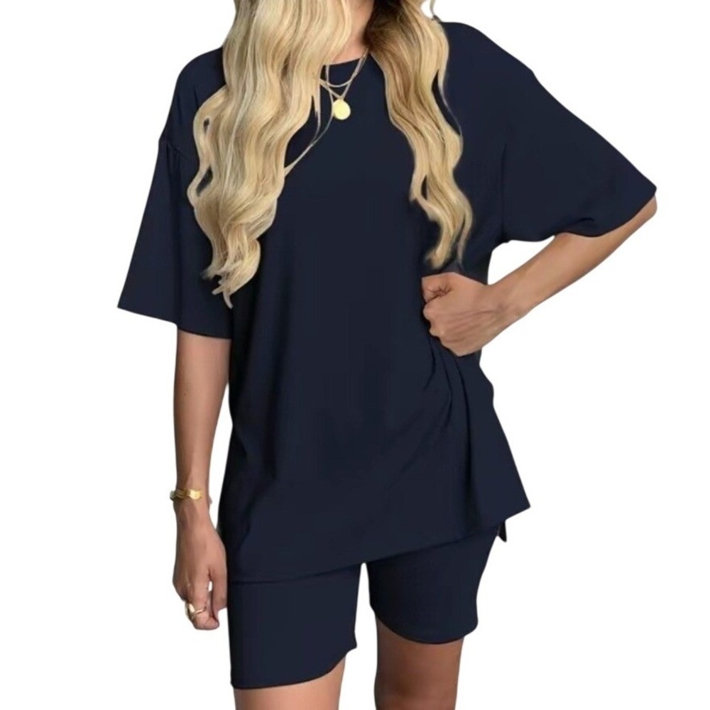Navy Blue Viscose Lounge Set Oversized Tee and Biker Shorts with Pocket XL